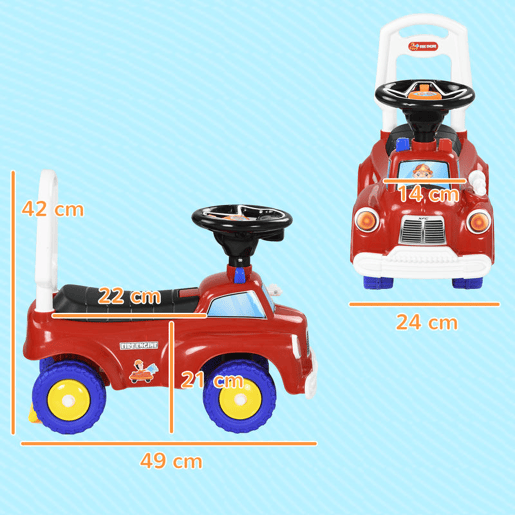 AIYAPLAY Carro Andador para Crianças de 18-36 Meses Desenho de Camião de Bombeiros Carro Andador com 3 Luzes Música Compartimento de Armazenamento e Volante 49x24x42 cm Vermelho