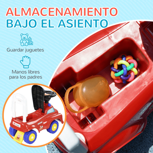 AIYAPLAY Carro Andador para Crianças de 18-36 Meses Desenho de Camião de Bombeiros Carro Andador com 3 Luzes Música Compartimento de Armazenamento e Volante 49x24x42 cm Vermelho