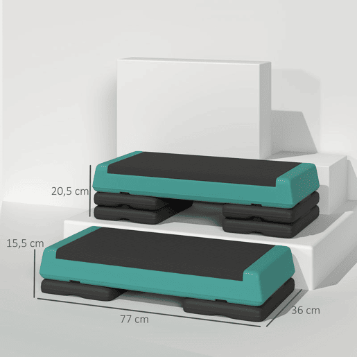 SPORTNOW Step de Aeróbica Step para Fitness Antideslizante Altura Regulável 3 Níveis de 10,515,520,5 cm Capacidade 250 kg para Exercício em Casa Ginásio 77x36x20,5 cm Verde e Preto