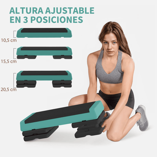 SPORTNOW Step de Aeróbica Step para Fitness Antideslizante Altura Regulável 3 Níveis de 10,515,520,5 cm Capacidade 250 kg para Exercício em Casa Ginásio 77x36x20,5 cm Verde e Preto