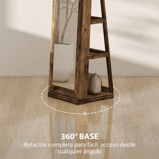 HOMCOM Espelho Porta-Joias de Pé, Armário Giratório 360°, com Fecho, Chaves, Prateleiras Traseiras e Espelho Pequeno, Castanho Rústico e Forro Preto