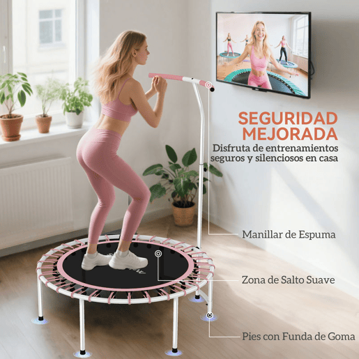 SPORTNOW Trampolim de Fitness Adultos Ø102 cm Mini Trampolim Fitness com Pega Ajustável de 5 Níveis Estrutura em Aço para Treino de Pernas Corpo em Casa Escritório Ginásio Rosa SPORTNOW Trampolim de Fitness Adultos Ø102 cm Mini Trampolim Fitness com Pega Ajustável de 5 Níveis Estrutura em Aço para Treino de Pernas Corpo em Casa Escritório Ginásio Rosa