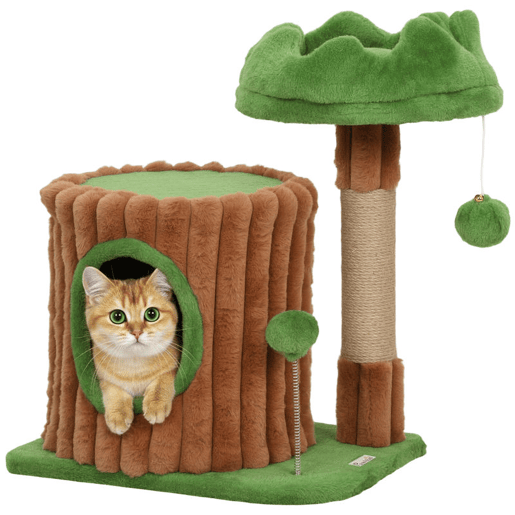 PawHut Arranhador para Gatos 53 cm Design de Tronco Torre Escaladora com Cama Caverna Poste de Juta Bolas Penduradas Castanho e Verde