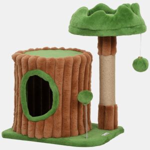 PawHut Arranhador para Gatos 53 cm Design de Tronco Torre Escaladora com Cama Caverna Poste de Juta Bolas Penduradas Castanho e Verde