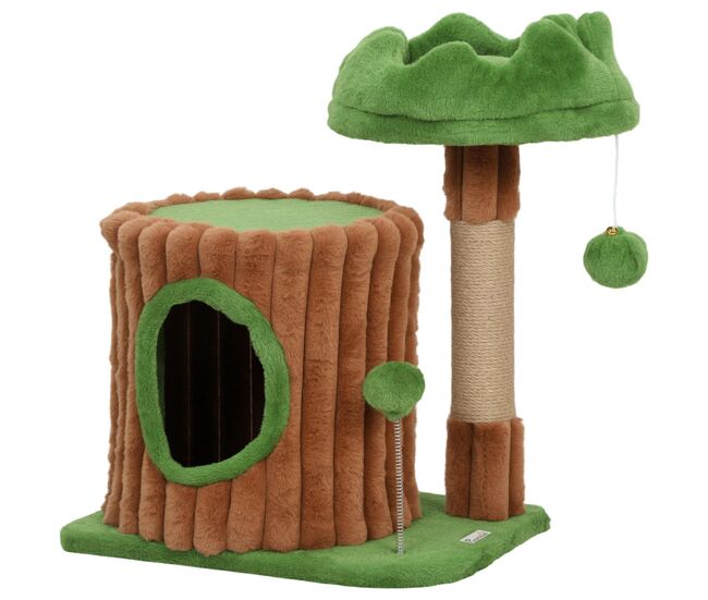 Pawhut árbol rascador para gatos, árbol para gatos 53 cm, diseño de tronco, torre escalador con casita, cama, poste de yute, bolas colgantes, marrón y verde