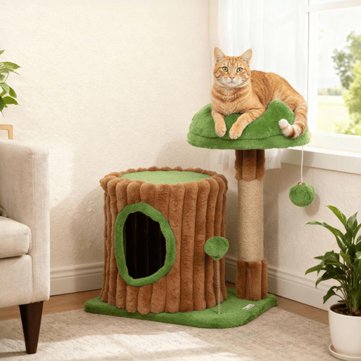 PawHut Arranhador para Gatos 53 cm Design de Tronco Torre Escaladora com Cama Caverna Poste de Juta Bolas Penduradas Castanho e Verde