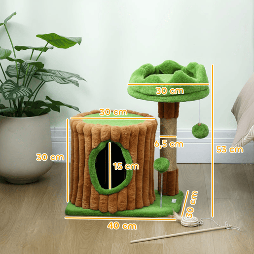 PawHut Arranhador para Gatos 53 cm Design de Tronco Torre Escaladora com Cama Caverna Poste de Juta Bolas Penduradas Castanho e Verde