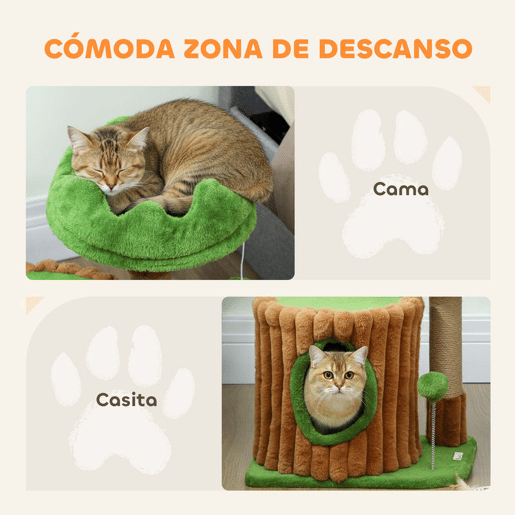 PawHut Arranhador para Gatos 53 cm Design de Tronco Torre Escaladora com Cama Caverna Poste de Juta Bolas Penduradas Castanho e Verde
