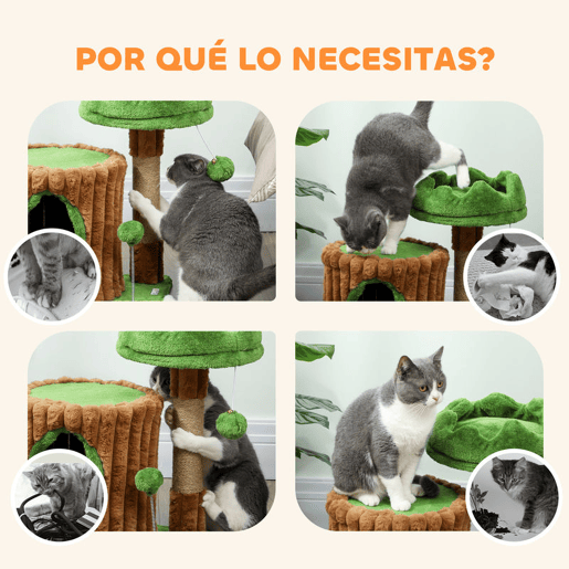 PawHut Arranhador para Gatos 53 cm Design de Tronco Torre Escaladora com Cama Caverna Poste de Juta Bolas Penduradas Castanho e Verde