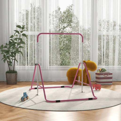HOMCOM Barra de Ginástica Artística Barra Horizontal Dobrável com Altura Ajustável Equipamento de Ginástica para Treino em Casa para Crianças 154x106,2x88,5-128,5 cm Rosa