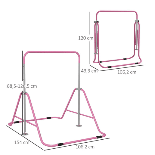 HOMCOM Barra de Ginástica Artística Barra Horizontal Dobrável com Altura Ajustável Equipamento de Ginástica para Treino em Casa para Crianças 154x106,2x88,5-128,5 cm Rosa