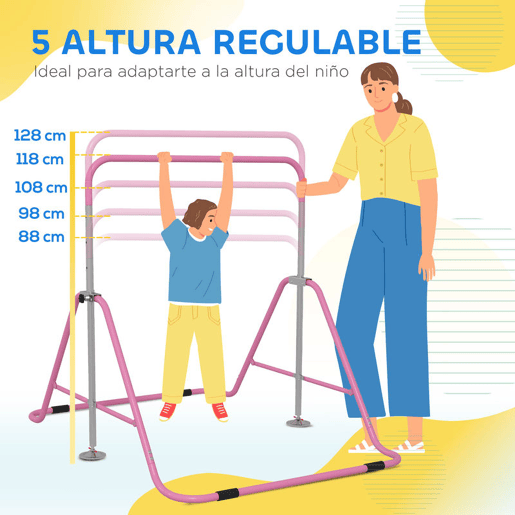 HOMCOM Barra de Ginástica Artística Barra Horizontal Dobrável com Altura Ajustável Equipamento de Ginástica para Treino em Casa para Crianças 154x106,2x88,5-128,5 cm Rosa