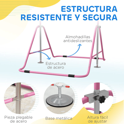 HOMCOM Barra de Ginástica Artística Barra Horizontal Dobrável com Altura Ajustável Equipamento de Ginástica para Treino em Casa para Crianças 154x106,2x88,5-128,5 cm Rosa