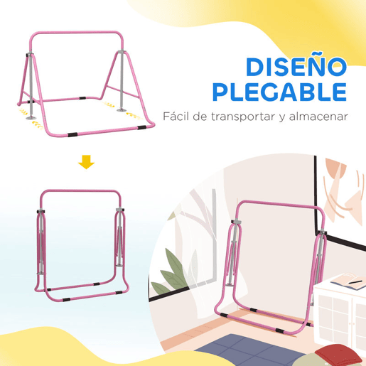 HOMCOM Barra de Ginástica Artística Barra Horizontal Dobrável com Altura Ajustável Equipamento de Ginástica para Treino em Casa para Crianças 154x106,2x88,5-128,5 cm Rosa