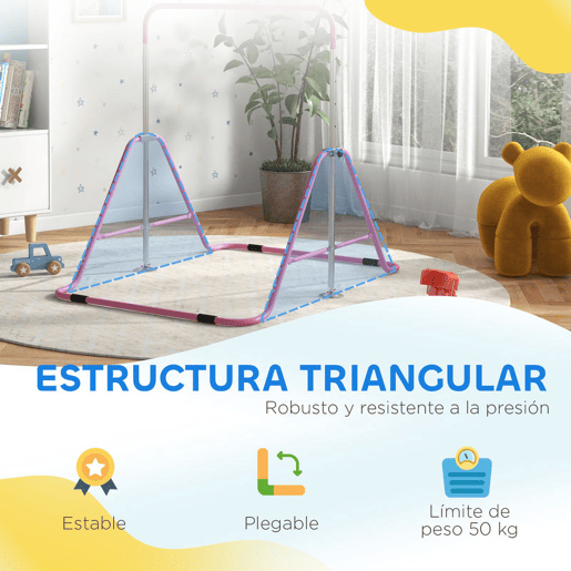 HOMCOM Barra de Ginástica Artística Barra Horizontal Dobrável com Altura Ajustável Equipamento de Ginástica para Treino em Casa para Crianças 154x106,2x88,5-128,5 cm Rosa