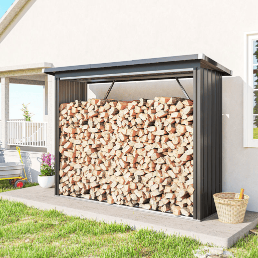 Outsunny Abrigo para Lenha de Aço Galvanizado Abrigo para Lenha de Exterior Armazenamento de Troncos com Base Elevada e Teto Inclinado 213x66,5x150 cm Cinzento Escuro