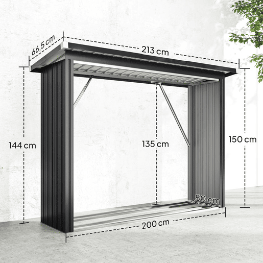 Outsunny Abrigo para Lenha de Aço Galvanizado Abrigo para Lenha de Exterior Armazenamento de Troncos com Base Elevada e Teto Inclinado 213x66,5x150 cm Cinzento Escuro