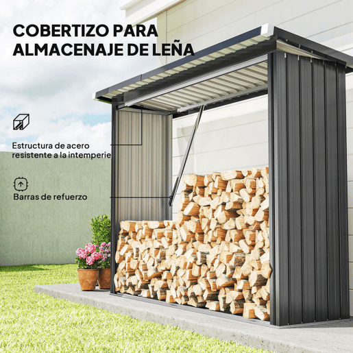 Outsunny Abrigo para Lenha de Aço Galvanizado Abrigo para Lenha de Exterior Armazenamento de Troncos com Base Elevada e Teto Inclinado 213x66,5x150 cm Cinzento Escuro