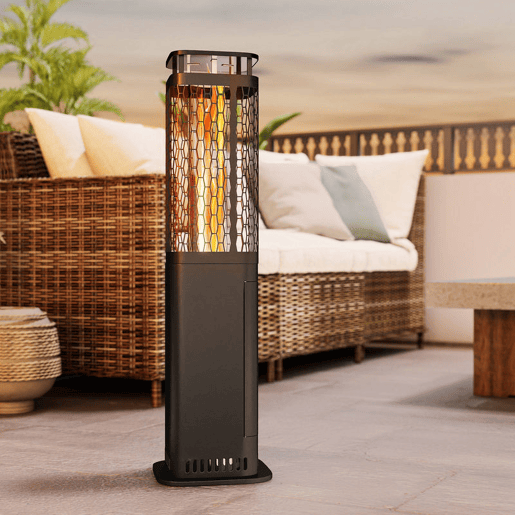 Outsunny Aquecedor de Pellets 6.86 KW Sem Eletricidade Aquecedor de Lenha com Tubo de Vidro Base Antiderrapante e Grelha Metálica Aquecedor de Pellets sem Fumo para Jardim Terraço Exterior 26x26x95 cm Preto