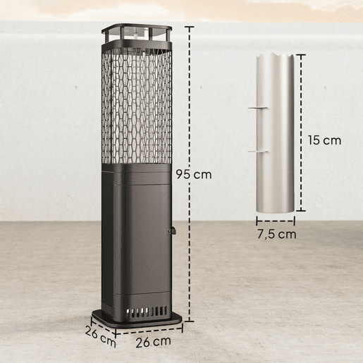 Outsunny Aquecedor de Pellets 6.86 KW Sem Eletricidade Aquecedor de Lenha com Tubo de Vidro Base Antiderrapante e Grelha Metálica Aquecedor de Pellets sem Fumo para Jardim Terraço Exterior 26x26x95 cm Preto