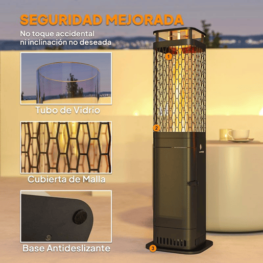 Outsunny Aquecedor de Pellets 6.86 KW Sem Eletricidade Aquecedor de Lenha com Tubo de Vidro Base Antiderrapante e Grelha Metálica Aquecedor de Pellets sem Fumo para Jardim Terraço Exterior 26x26x95 cm Preto
