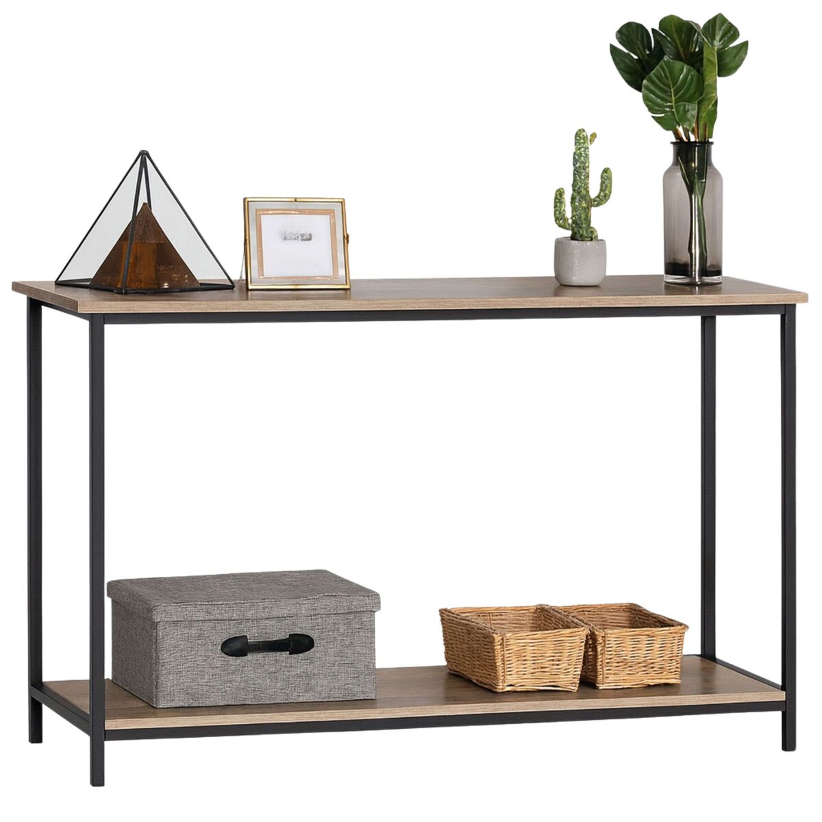 Mesa consola recibidor color negro y roble lofi, mueble entrada recibidor, 2 estantes 106x81x35 cm
