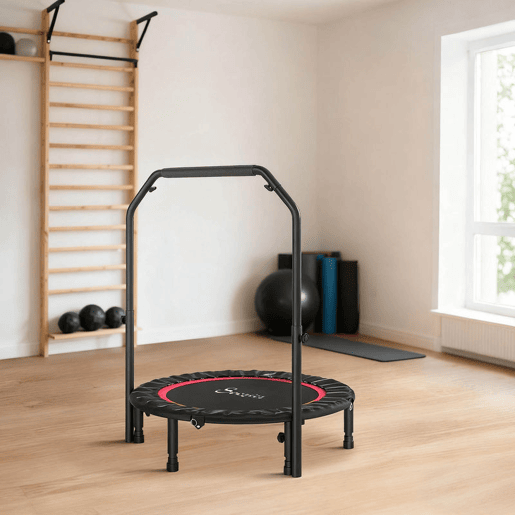 SPORTNOW Trampolim de Fitness Ø102 cm Trampolim Dobrável com Guiador Ajustável de 4 Níveis e Bandas para Treino de Pernas e Corpo em Casa Escritório Ginásio e Exterior Carga 150 kg Vermelho