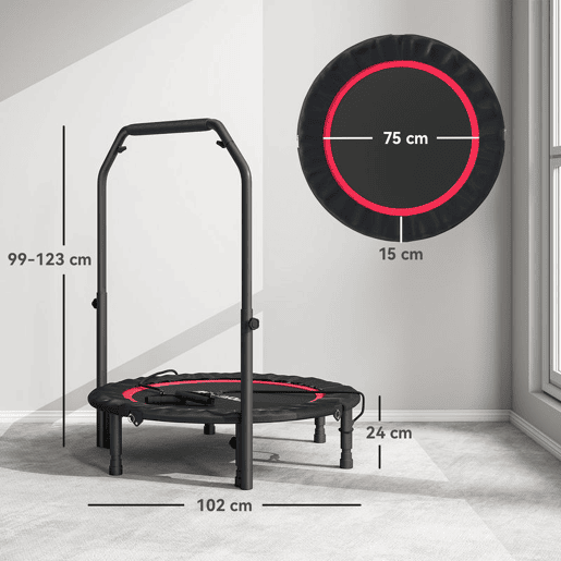 SPORTNOW Trampolim de Fitness Ø102 cm Trampolim Dobrável com Guiador Ajustável de 4 Níveis e Bandas para Treino de Pernas e Corpo em Casa Escritório Ginásio e Exterior Carga 150 kg Vermelho