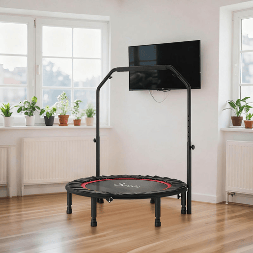 SPORTNOW Trampolim de Fitness Ø102 cm Trampolim Dobrável com Guiador Ajustável de 4 Níveis e Bandas para Treino de Pernas e Corpo em Casa Escritório Ginásio e Exterior Carga 150 kg Vermelho