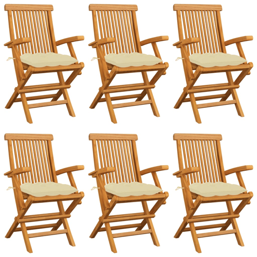 Cadeiras de jardim - Cadeiras de exterior c almofadões branco nata 6 pcs teca maciça