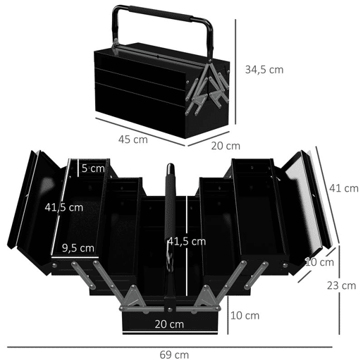 DURHAND Caixa de Ferramentas de Aço Dobrável com 5 Compartimentos Mala de Ferramentas com Pega para Oficina e Casa 45x20x34,5 cm Preto