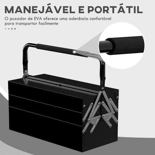 DURHAND Caixa de Ferramentas de Aço Dobrável com 5 Compartimentos Mala de Ferramentas com Pega para Oficina e Casa 45x20x34,5 cm Preto