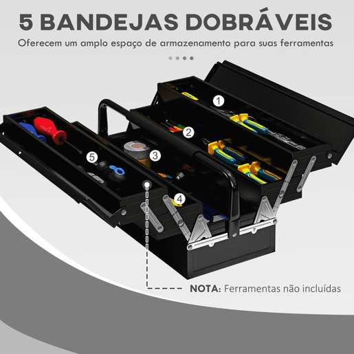 DURHAND Caixa de Ferramentas de Aço Dobrável com 5 Compartimentos Mala de Ferramentas com Pega para Oficina e Casa 45x20x34,5 cm Preto