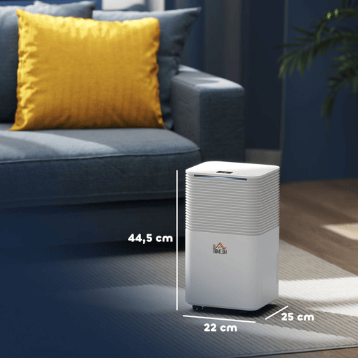 HOMCOM Desumidificador 10Ldia Depósito 2L Silencioso Desumidificador Elétrico com 3 Modos Ecrã LED Temporizador 24h Bloqueio Infantil e Drenagem Contínua até 12m² Branco