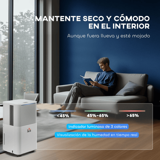 HOMCOM Desumidificador 10Ldia Depósito 2L Silencioso Desumidificador Elétrico com 3 Modos Ecrã LED Temporizador 24h Bloqueio Infantil e Drenagem Contínua até 12m² Branco