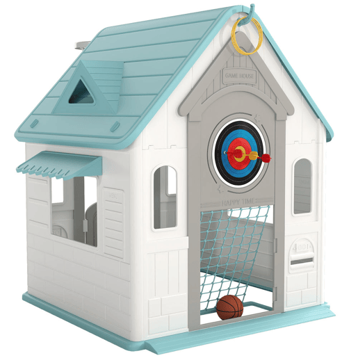 AIYAPLAY Casa Infantil Exterior e Interior 5 em 1 Casa de Jardim com Lançamento de Anéis Basquetebol Futebol Dardos Casa de Jogos para Crianças dos 2 aos 5 Anos 132x118x124 cm Bege