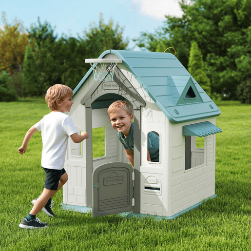 AIYAPLAY Casa Infantil Exterior e Interior 5 em 1 Casa de Jardim com Lançamento de Anéis Basquetebol Futebol Dardos Casa de Jogos para Crianças dos 2 aos 5 Anos 132x118x124 cm Bege