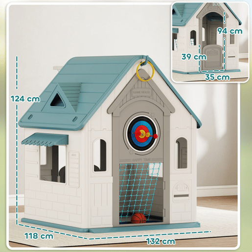 AIYAPLAY Casa Infantil Exterior e Interior 5 em 1 Casa de Jardim com Lançamento de Anéis Basquetebol Futebol Dardos Casa de Jogos para Crianças dos 2 aos 5 Anos 132x118x124 cm Bege