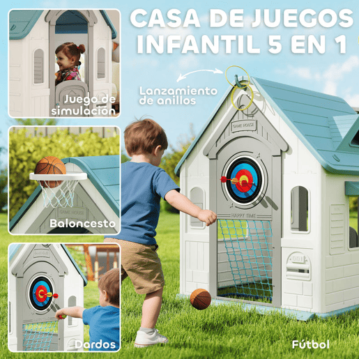 AIYAPLAY Casa Infantil Exterior e Interior 5 em 1 Casa de Jardim com Lançamento de Anéis Basquetebol Futebol Dardos Casa de Jogos para Crianças dos 2 aos 5 Anos 132x118x124 cm Bege