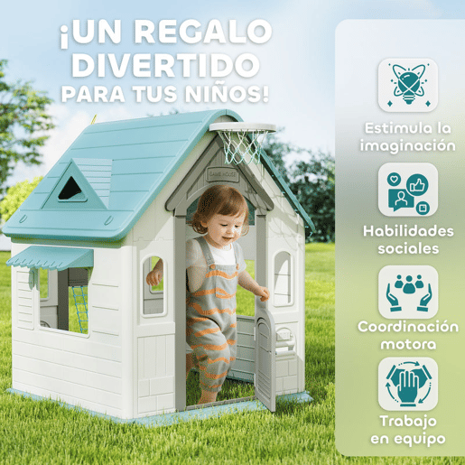 AIYAPLAY Casa Infantil Exterior e Interior 5 em 1 Casa de Jardim com Lançamento de Anéis Basquetebol Futebol Dardos Casa de Jogos para Crianças dos 2 aos 5 Anos 132x118x124 cm Bege
