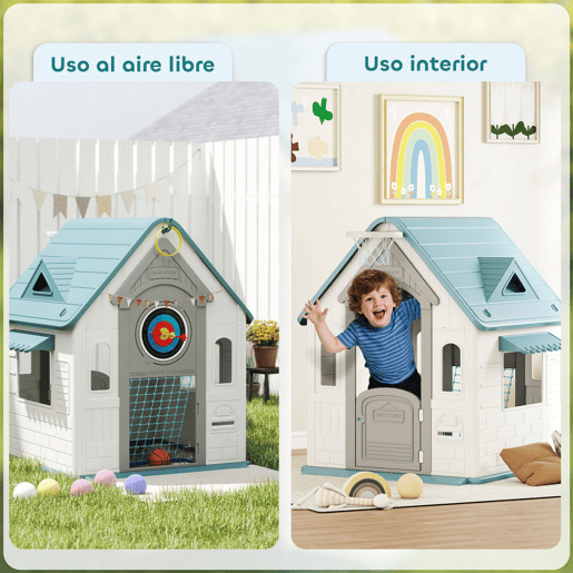 AIYAPLAY Casa Infantil Exterior e Interior 5 em 1 Casa de Jardim com Lançamento de Anéis Basquetebol Futebol Dardos Casa de Jogos para Crianças dos 2 aos 5 Anos 132x118x124 cm Bege