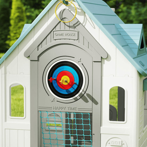 AIYAPLAY Casa Infantil Exterior e Interior 5 em 1 Casa de Jardim com Lançamento de Anéis Basquetebol Futebol Dardos Casa de Jogos para Crianças dos 2 aos 5 Anos 132x118x124 cm Bege