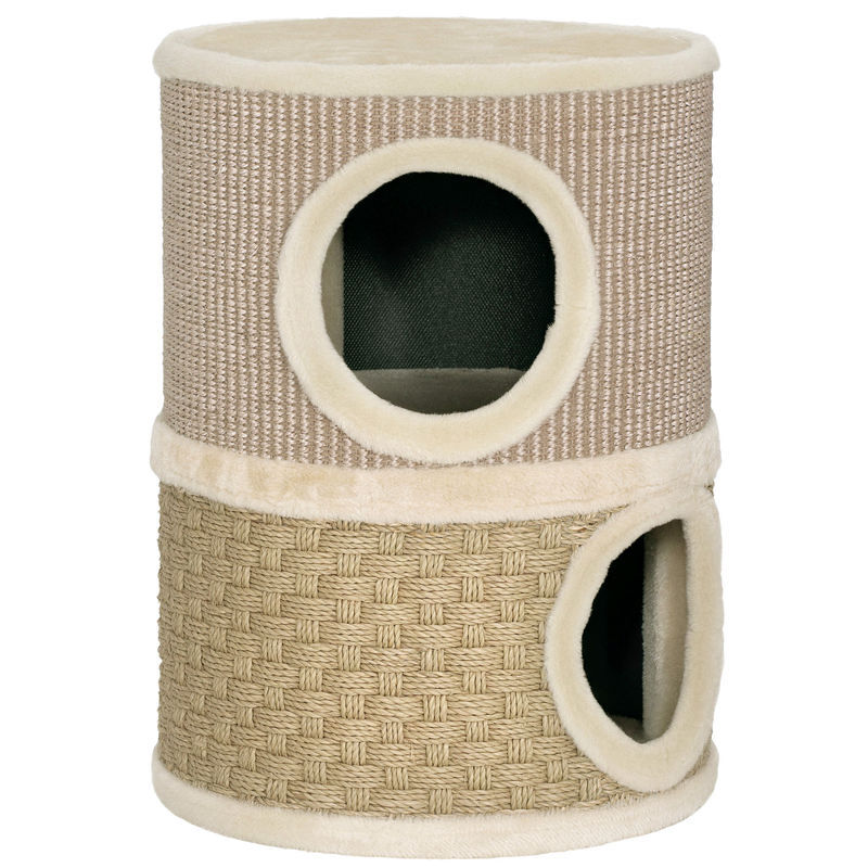 Pawhut barril rascador para gatos de 2 niveles, altura 49 cm, torre para gatos con cama, cubierto de sisal, árbol rascador, ø35,5x49 cm, caqui y café