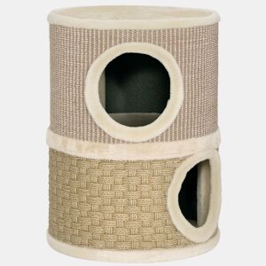PawHut Arranhador em Forma de Cilindro para Gatos com 3 Níveis Plataforma e Caverna Confortável 37,5x37,5x70 cm Caqui e Bege