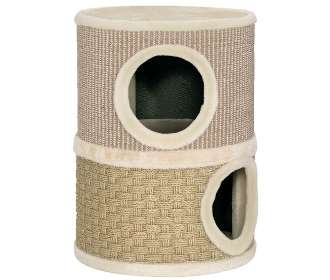 Pawhut barril rascador para gatos de 2 niveles, altura 49 cm, torre para gatos con cama, cubierto de sisal, árbol rascador, ø35,5x49 cm, caqui y café
