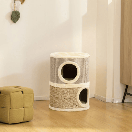 PawHut Arranhador em Forma de Cilindro para Gatos com 3 Níveis Plataforma e Caverna Confortável 37,5x37,5x70 cm Caqui e Bege