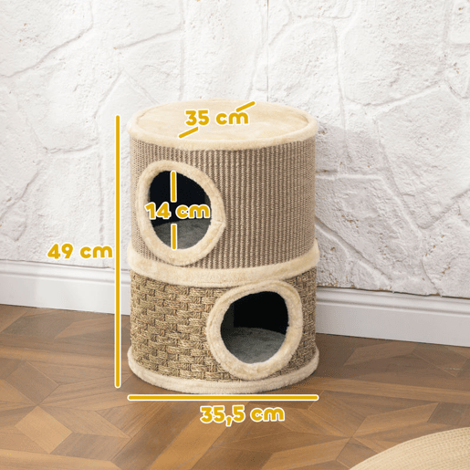 PawHut Arranhador em Forma de Cilindro para Gatos com 3 Níveis Plataforma e Caverna Confortável 37,5x37,5x70 cm Caqui e Bege