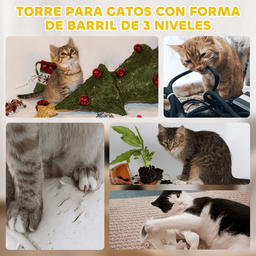 PawHut Arranhador em Forma de Cilindro para Gatos com 3 Níveis Plataforma e Caverna Confortável 37,5x37,5x70 cm Caqui e Bege