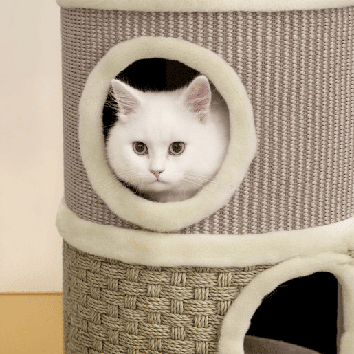PawHut Arranhador em Forma de Cilindro para Gatos com 3 Níveis Plataforma e Caverna Confortável 37,5x37,5x70 cm Caqui e Bege