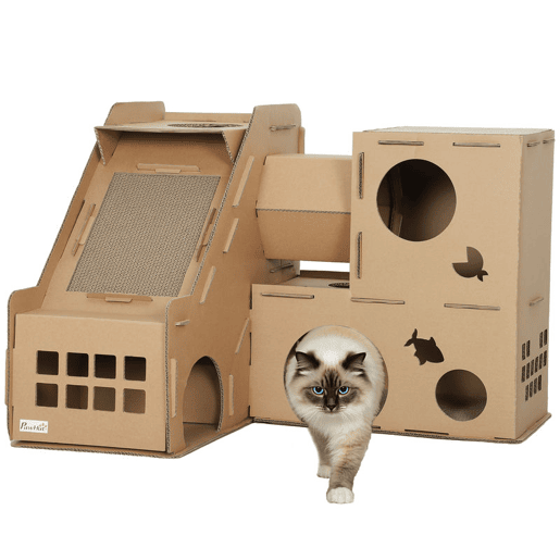 PawHut Casa para Gatos de Cartão Forma de Castelo Arranhador para Gatos de 2 Níveis com 3 Zonas de Arranhar Túnel, Rampa Inclui Erva para Interior 78x66x57 cm Castanho